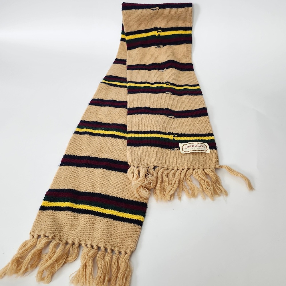 Vintage 70s Lord Jeff Knit 60" Scarf Orlon USA Striped Fringe Camel Navy Preppy